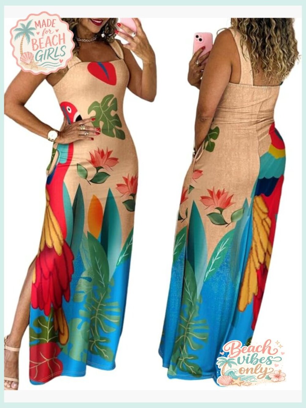 Maxi Dress Women Thick Strap Square Neck Split Boho Sundress Pockets